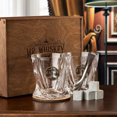 Набор бокалов для виски подарочный "Весы" в деревянной коробке с костерами GP-15000023