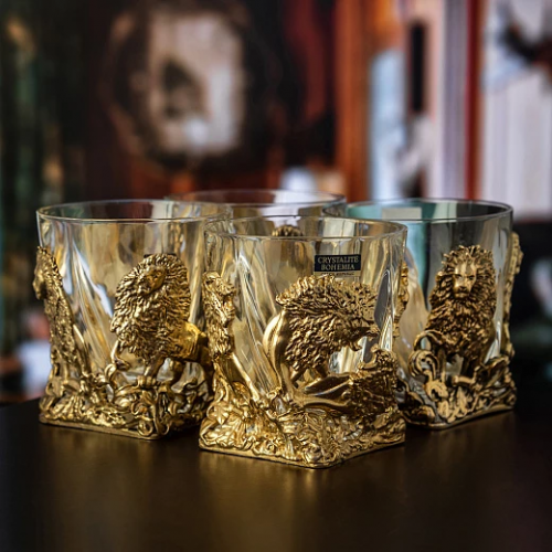 Набор из 4-х бокалов для ВИСКИ ручной работы Львы в деревянной шкатулке