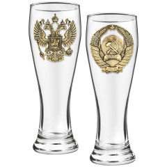 Набор 2 бокала для пива, "Герб РФ и СССР", латунь