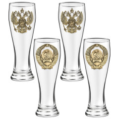 Набор 4 бокала для пива, "Герб РФ и СССР", латунь