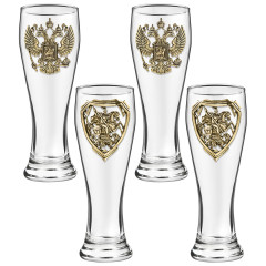 Набор 4 бокала для пива, "Герб РФ и Георгий Победоносец", латунь
