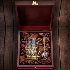 Подстаканник ручной работы "Герб" набор 3 предмета в деревянной шкатулке 13000395